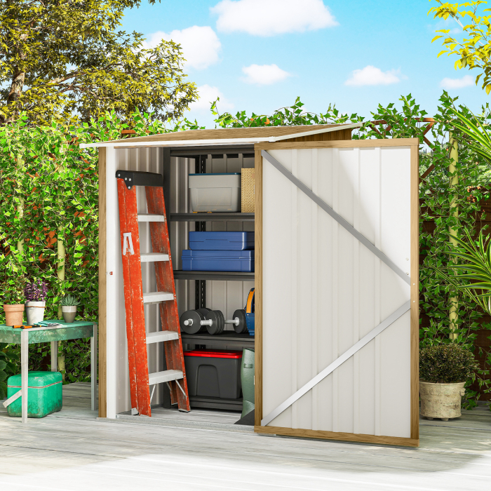  Casuta de Gradina 0.92m² din Otel Galvanizat, Depozit pentru Unelte cu Usa Blocabila, Acoperis inclinat, 100x104x160 cm, Maro Deschis cu Aspect Lemn [2]