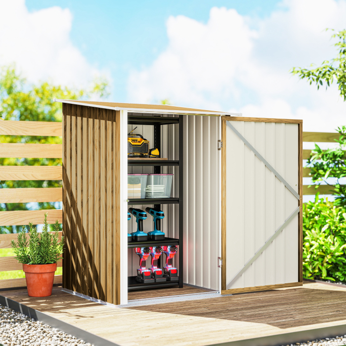  Casuta de Gradina 0.92m² din Otel Galvanizat, Depozit pentru Unelte cu Usa Blocabila, Acoperis inclinat, 100x104x160 cm, Maro Deschis cu Aspect Lemn [8]