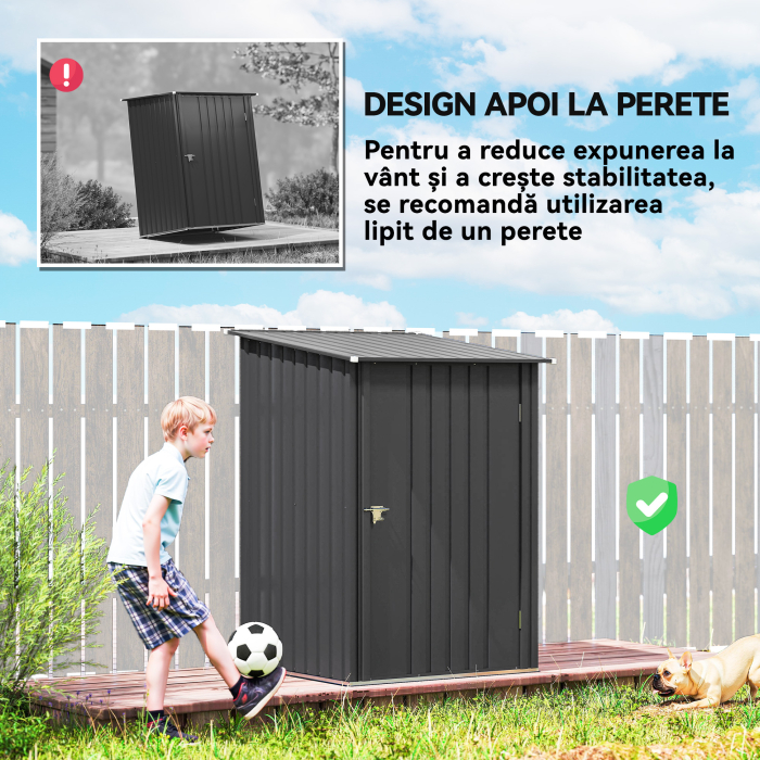  Casuta de Gradina 0.92m² din Otel Zincat, Depozit pentru Unelte cu Usa Blocabila, Acoperis inclinat, 100x104x160 cm, Gri inchis [6]