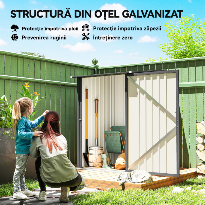  Casuta de Gradina 0.92m² din Otel Zincat, Depozit pentru Unelte cu Usa Blocabila, Acoperis inclinat, 100x104x160 cm, Gri inchis [4]
