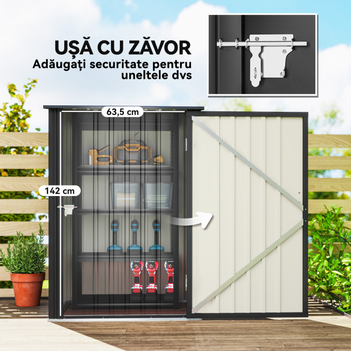  Casuta de Gradina 0.92m² din Otel Zincat, Depozit pentru Unelte cu Usa Blocabila, Acoperis inclinat, 100x104x160 cm, Gri inchis [5]
