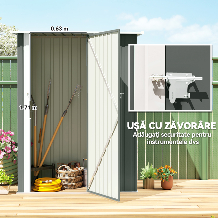  Casuta de Gradina 1.07m² din Otel Galvanizat, Casuta pentru Depozitare cu Usa Blocabila, Acoperis inclinat, 142x86x189 cm, Gri Deschis [5]