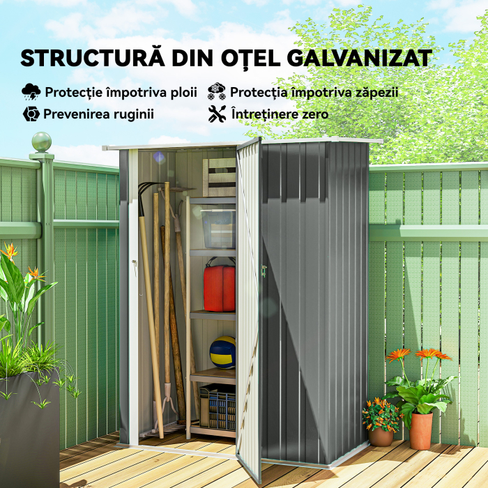  Casuta de Gradina 1.07m² din Otel Galvanizat, Casuta pentru Depozitare cu Usa Blocabila, Acoperis inclinat, 142x86x189 cm, Gri Deschis [4]
