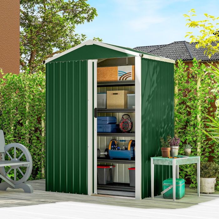  Casuta de Gradina 1.1m² din Otel Galvanizat, Casuta de Depozitare cu Usa Glisanta Blocabila, Acoperis inclinat, Manusi, Casuta de Unelte, 136x87x179 cm, Verde [2]