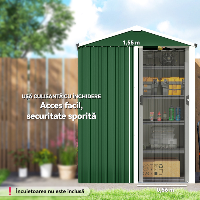  Casuta de Gradina 1.1m² din Otel Galvanizat, Casuta de Depozitare cu Usa Glisanta Blocabila, Acoperis inclinat, Manusi, Casuta de Unelte, 136x87x179 cm, Verde [5]
