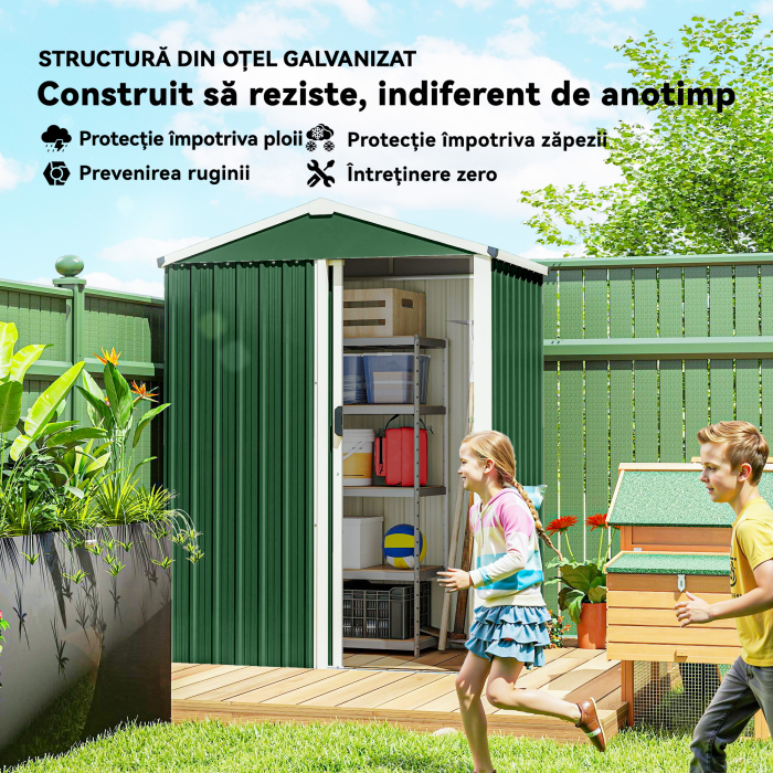  Casuta de Gradina 1.1m² din Otel Galvanizat, Casuta de Depozitare cu Usa Glisanta Blocabila, Acoperis inclinat, Manusi, Casuta de Unelte, 136x87x179 cm, Verde [4]