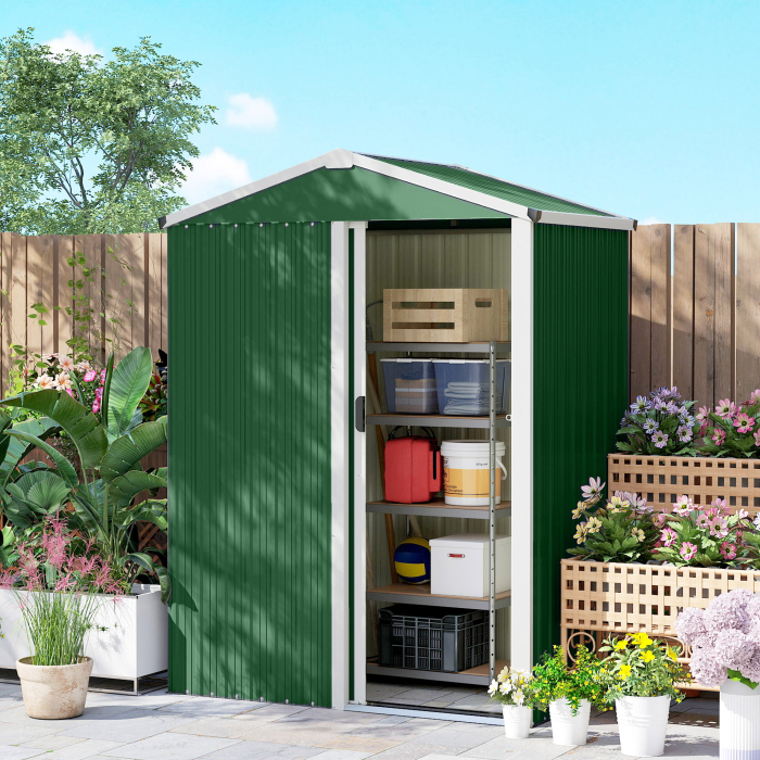  Casuta de Gradina 1.1m² din Otel Galvanizat, Casuta de Depozitare cu Usa Glisanta Blocabila, Acoperis inclinat, Manusi, Casuta de Unelte, 136x87x179 cm, Verde [8]