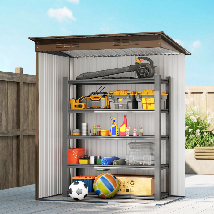  Casuta de Gradina 1.37m² din Metal, Montaj Usor, Casuta pentru Unelte de Gradina cu Orificii de Aerisire, Usa Glisanta, Acoperis inclinat si Manusi, 159x106x181 cm, Maro [9]