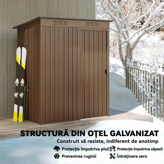  Casuta de Gradina 1.37m² din Metal, Montaj Usor, Casuta pentru Unelte de Gradina cu Orificii de Aerisire, Usa Glisanta, Acoperis inclinat si Manusi, 159x106x181 cm, Maro [5]