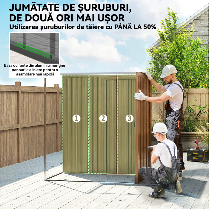 Casuta de Gradina 1.37m² din Metal, Montaj Usor, Casuta pentru Unelte de Gradina cu Orificii de Aerisire, Usa Glisanta, Acoperis inclinat si Manusi, 159x106x181 cm, Maro [4]