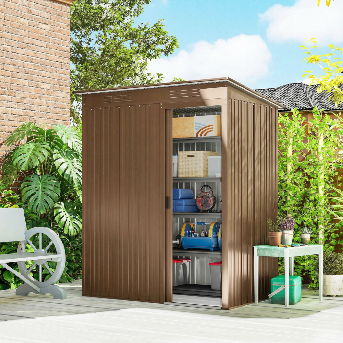  Casuta de Gradina 1.37m² din Metal, Montaj Usor, Casuta pentru Unelte de Gradina cu Orificii de Aerisire, Usa Glisanta, Acoperis inclinat si Manusi, 159x106x181 cm, Maro [2]
