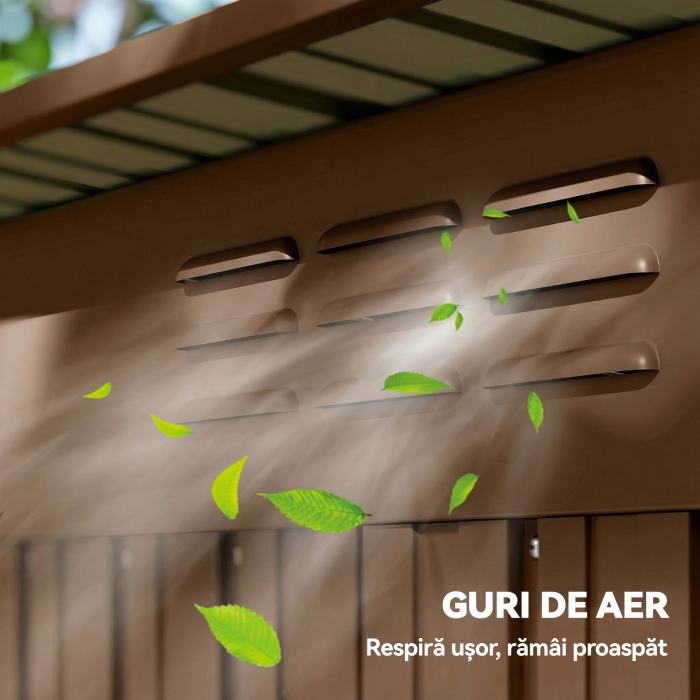  Casuta de Gradina 1.37m² din Metal, Montaj Usor, Casuta pentru Unelte de Gradina cu Orificii de Aerisire, Usa Glisanta, Acoperis inclinat si Manusi, 159x106x181 cm, Maro [8]