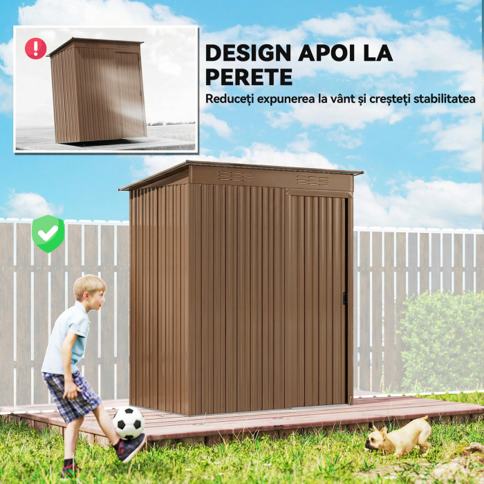  Casuta de Gradina 1.37m² din Metal, Montaj Usor, Casuta pentru Unelte de Gradina cu Orificii de Aerisire, Usa Glisanta, Acoperis inclinat si Manusi, 159x106x181 cm, Maro [6]