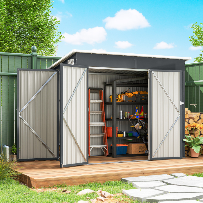  Casuta de Gradina 2.68m² din Otel Galvanizat cu 3 Usi cu incuietoare, Casuta de Depozitare cu Fante de Ventilatie, Acoperis inclinat si Manusi, 234x132x185 cm, Gri inchis [2]