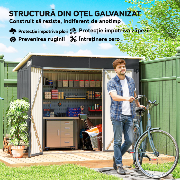  Casuta de Gradina 2.68m² din Otel Galvanizat cu 3 Usi cu incuietoare, Casuta de Depozitare cu Fante de Ventilatie, Acoperis inclinat si Manusi, 234x132x185 cm, Gri inchis [5]