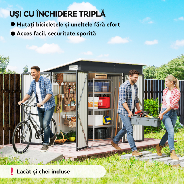  Casuta de Gradina 2.68m² din Otel Galvanizat cu 3 Usi cu incuietoare, Casuta de Depozitare cu Fante de Ventilatie, Acoperis inclinat si Manusi, 234x132x185 cm, Gri inchis [4]