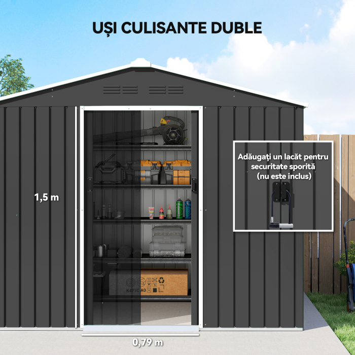  Casuta de Gradina 3.6m² din Otel Galvanizat cu Guri de Aerisire, Depozit de Gradina cu Usi Glisante Blocabile, Acoperis inclinat, Casuta pentru Unelte, Gri inchis [5]