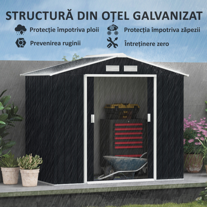  Casuta de Gradina Depozitare Unelte din Tabla de Otel, Magazie de Gradina din Otel cu Usi glisante, 213x130x185cm, Gri [5]