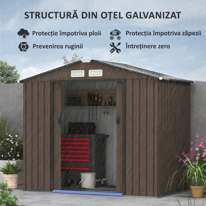  Casuta de Gradina din Metal cu Aerisiri si Usa Dubla Glisanta, 2,1x1,3 m, Maro [4]