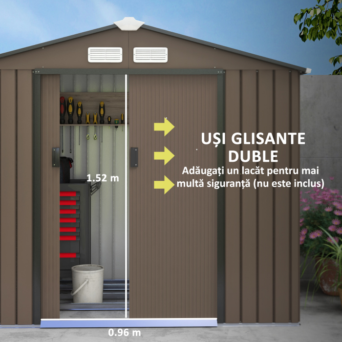  Casuta de Gradina din Metal cu Aerisiri si Usa Dubla Glisanta, 2,1x1,3 m, Maro [5]
