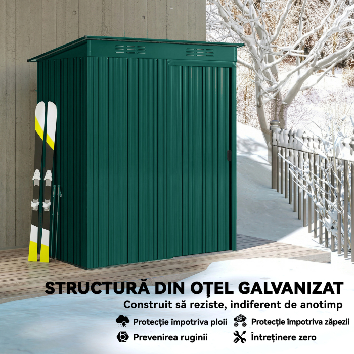  Casuta de Gradina din Metal cu Guri de Aerisire si Usa Glisanta, 159x106x181 cm, Verde [5]