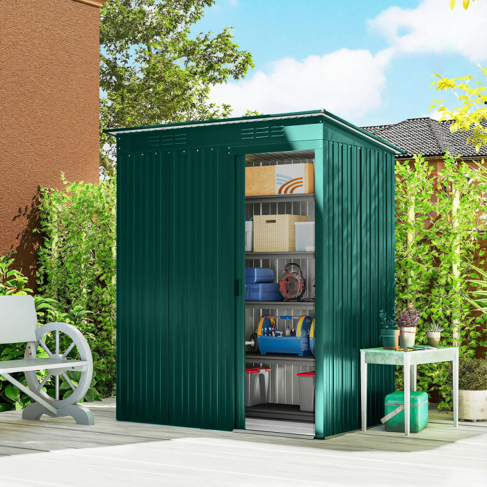  Casuta de Gradina din Metal cu Guri de Aerisire si Usa Glisanta, 159x106x181 cm, Verde [2]
