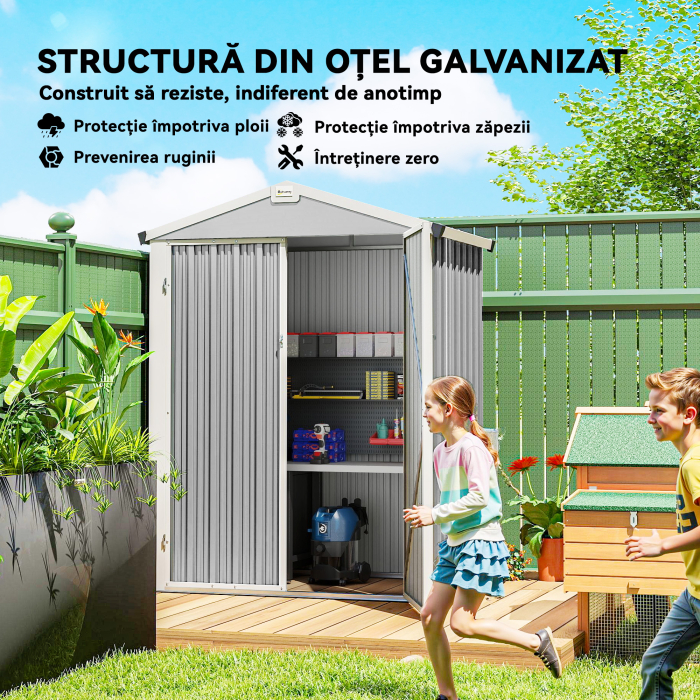  Casuta de Gradina din Otel 1,1m² cu Usi Duble Blocabile, 133x87x178 cm, Gri Argintiu [5]
