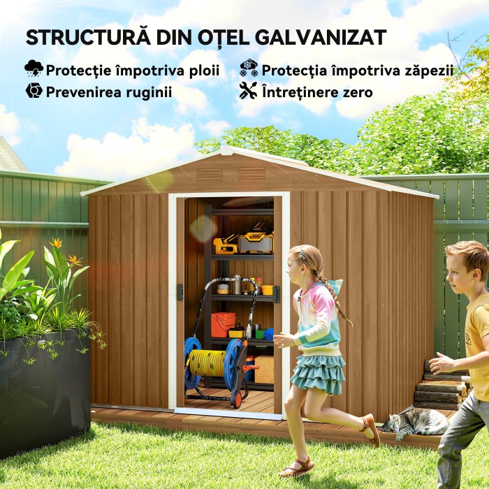  Casuta de Gradina din Otel cu Usi Glisante, 236x174x190 cm, Maro [4]
