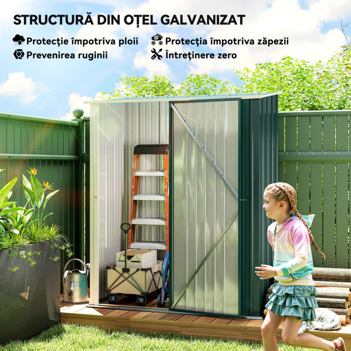  Casuta de Gradina din Otel pentru Depozitare cu Sistem de Blocare, 161,5x94,5x196cm, Verde [4]