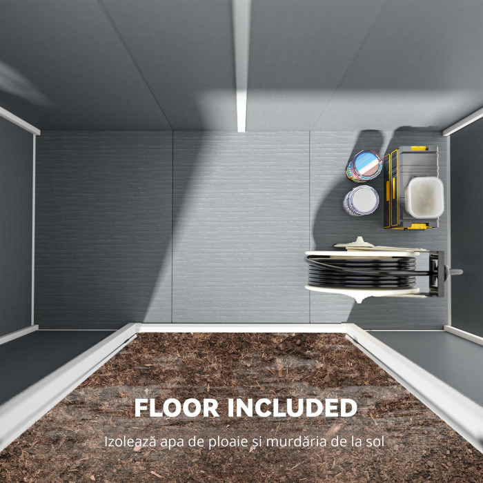  Casuta de Gradina din Rasina cu Podea, 2 Usi Blocabile, Fereastra, 2,4 x 1,3 m, Gri [8]