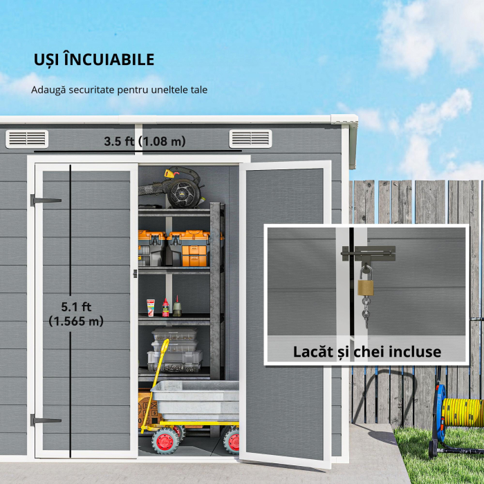  Casuta de Gradina din Rasina cu Podea, 2 Usi Blocabile, Fereastra, 2,4 x 1,3 m, Gri [5]