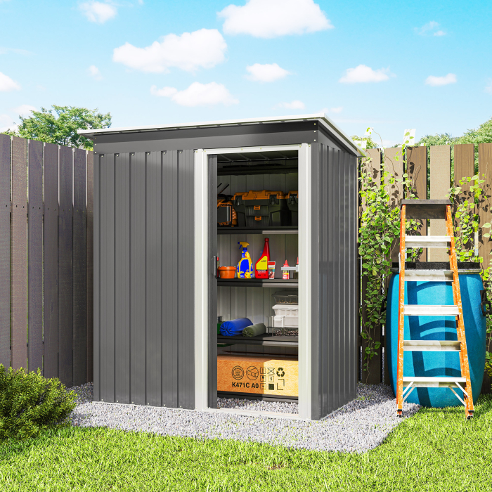  Casuta de Gradina Exterior 1,16 m² 163x89x182 cm din Metal cu Usa Culisanta si Acoperis inclinat, Gri [9]