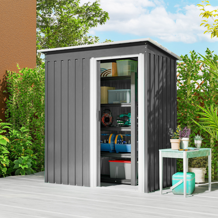  Casuta de Gradina Exterior 1,16 m² 163x89x182 cm din Metal cu Usa Culisanta si Acoperis inclinat, Gri [2]