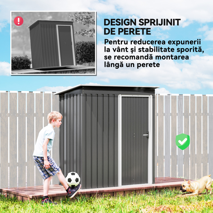  Casuta de Gradina Exterior 1,16 m² 163x89x182 cm din Metal cu Usa Culisanta si Acoperis inclinat, Gri [6]