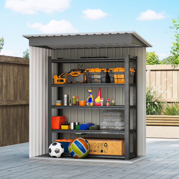  Casuta de Gradina Exterior 1,16 m² 163x89x182 cm din Metal cu Usa Culisanta si Acoperis inclinat, Gri [7]