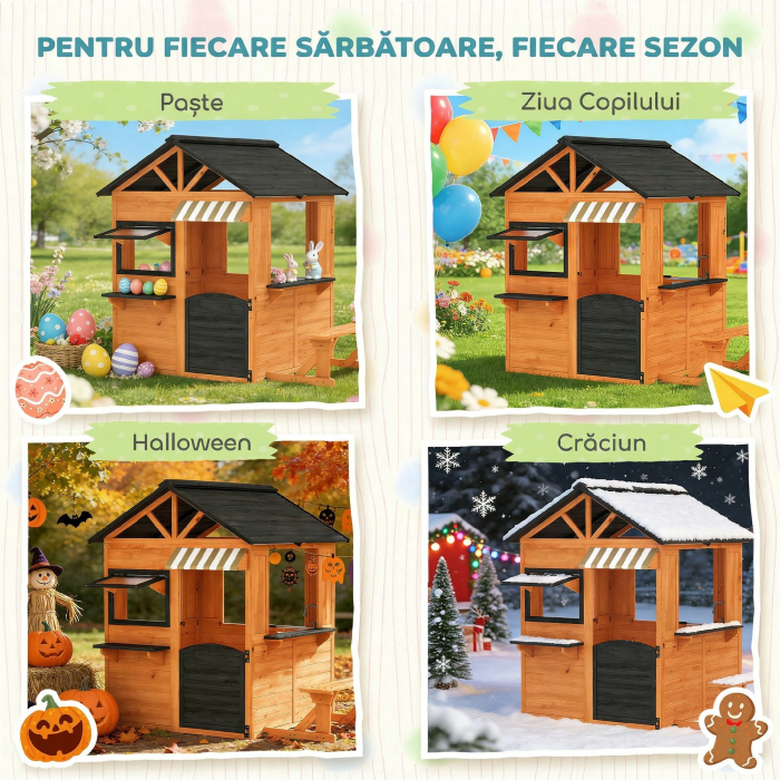  Casuta de Gradina pentru Copii din Lemn de Brad, Casuta pentru Exterior cu Bucatarie, 4 Ferestre, Usa Partiala, Banca, Raft si Acoperis, pentru Copii 3-8 Ani, 171.5x146x156 cm, Maro [9]