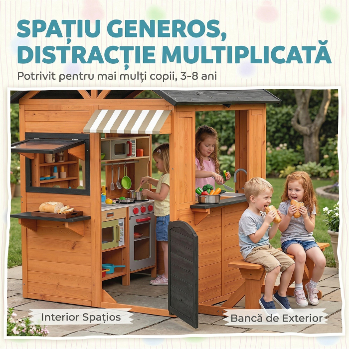  Casuta de Gradina pentru Copii din Lemn de Brad, Casuta pentru Exterior cu Bucatarie, 4 Ferestre, Usa Partiala, Banca, Raft si Acoperis, pentru Copii 3-8 Ani, 171.5x146x156 cm, Maro [7]