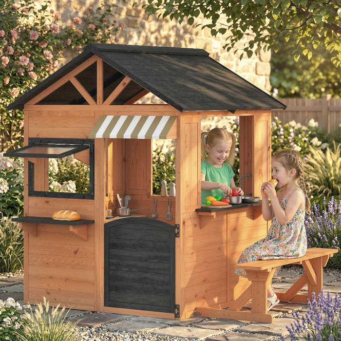  Casuta de Gradina pentru Copii din Lemn de Brad, Casuta pentru Exterior cu Bucatarie, 4 Ferestre, Usa Partiala, Banca, Raft si Acoperis, pentru Copii 3-8 Ani, 171.5x146x156 cm, Maro [2]