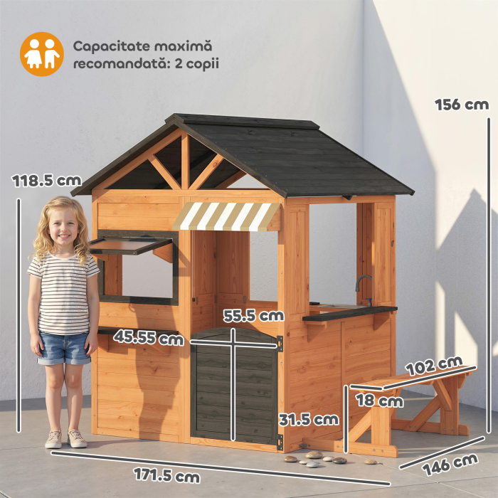  Casuta de Gradina pentru Copii din Lemn de Brad, Casuta pentru Exterior cu Bucatarie, 4 Ferestre, Usa Partiala, Banca, Raft si Acoperis, pentru Copii 3-8 Ani, 171.5x146x156 cm, Maro [3]