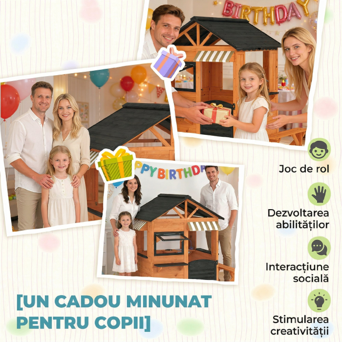  Casuta de Gradina pentru Copii din Lemn de Brad, Casuta pentru Exterior cu Bucatarie, 4 Ferestre, Usa Partiala, Banca, Raft si Acoperis, pentru Copii 3-8 Ani, 171.5x146x156 cm, Maro [8]
