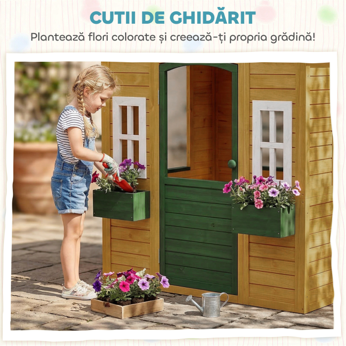  Casuta de Gradina pentru Copii din Lemn de Molid, Casuta de Exterior cu 3 Ferestre, 2 Jardiniere, Usa si Acoperis, pentru Copii 3-8 Ani, Interior si Exterior, 134.5x97x150 cm, Maro [5]