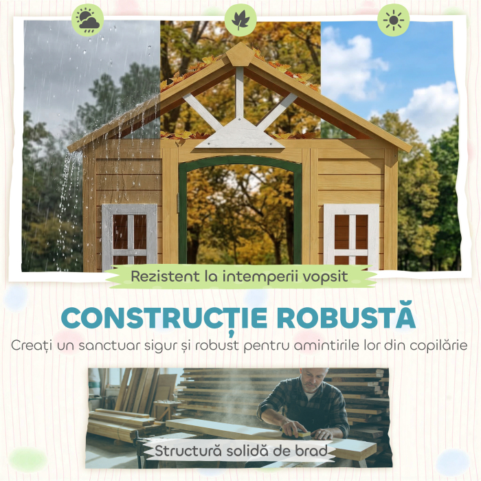  Casuta de Gradina pentru Copii din Lemn de Molid, Casuta de Exterior cu 3 Ferestre, 2 Jardiniere, Usa si Acoperis, pentru Copii 3-8 Ani, Interior si Exterior, 134.5x97x150 cm, Maro [4]
