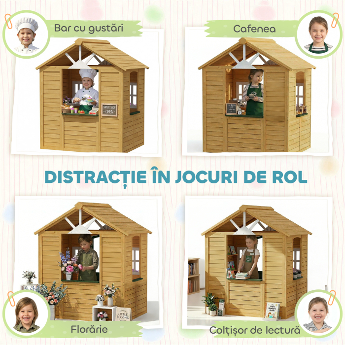  Casuta de Gradina pentru Copii din Lemn de Molid, Casuta de Exterior cu 3 Ferestre, 2 Jardiniere, Usa si Acoperis, pentru Copii 3-8 Ani, Interior si Exterior, 134.5x97x150 cm, Maro [6]