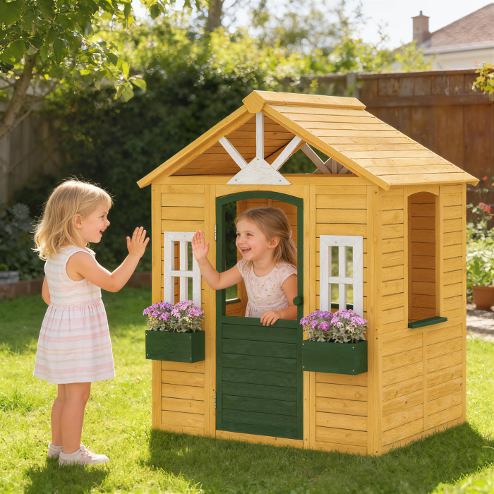  Casuta de Gradina pentru Copii din Lemn de Molid, Casuta de Exterior cu 3 Ferestre, 2 Jardiniere, Usa si Acoperis, pentru Copii 3-8 Ani, Interior si Exterior, 134.5x97x150 cm, Maro [2]