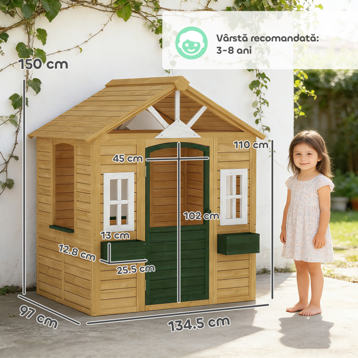  Casuta de Gradina pentru Copii din Lemn de Molid, Casuta de Exterior cu 3 Ferestre, 2 Jardiniere, Usa si Acoperis, pentru Copii 3-8 Ani, Interior si Exterior, 134.5x97x150 cm, Maro [3]
