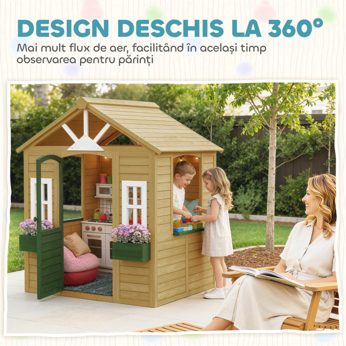  Casuta de Gradina pentru Copii din Lemn de Molid, Casuta de Exterior cu 3 Ferestre, 2 Jardiniere, Usa si Acoperis, pentru Copii 3-8 Ani, Interior si Exterior, 134.5x97x150 cm, Maro [7]