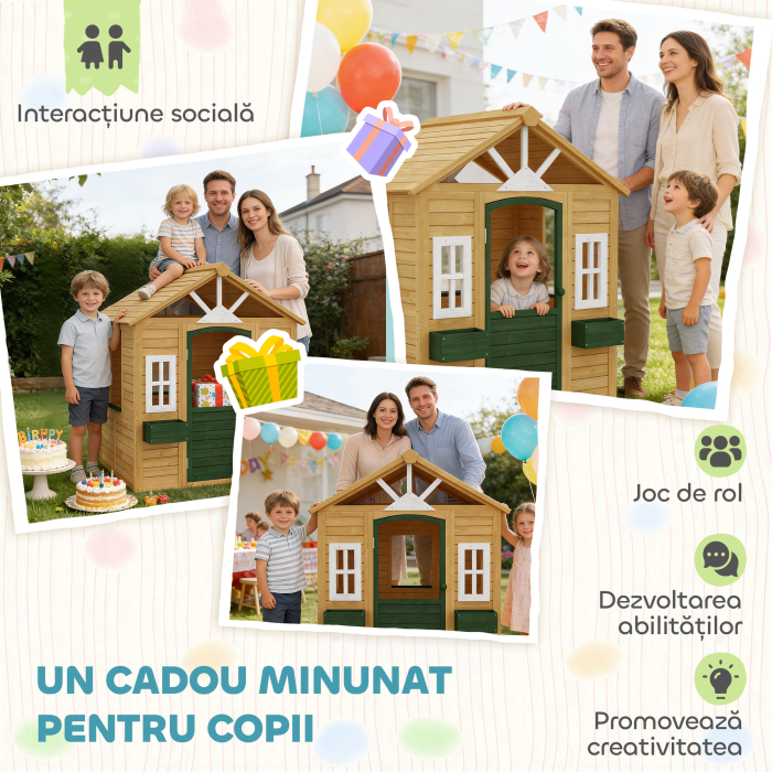  Casuta de Gradina pentru Copii din Lemn de Molid, Casuta de Exterior cu 3 Ferestre, 2 Jardiniere, Usa si Acoperis, pentru Copii 3-8 Ani, Interior si Exterior, 134.5x97x150 cm, Maro [8]