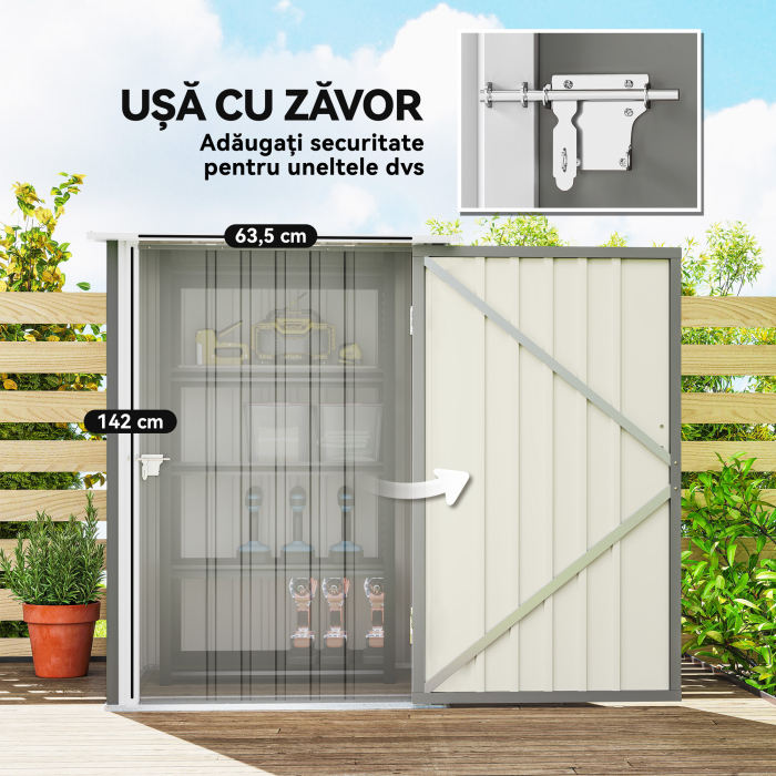  Casuta de Gradina pentru Depozitare Unelte din Otel Galvanizat cu Usa Batanta, 100x104x160 cm, Gri Deschis [5]