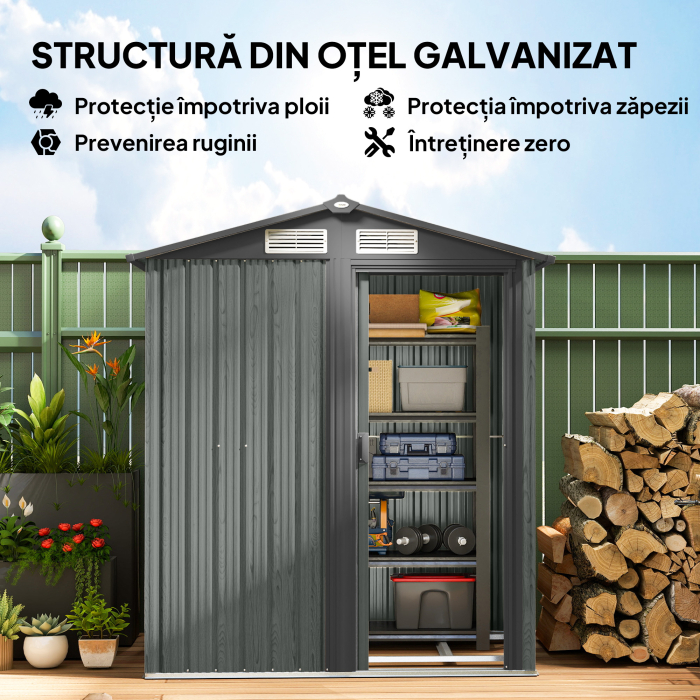  Casuta de Gradina pentru Unelte din Otel cu Acoperis inclinat si 4 Ferestre de Ventilatie, 152x132x188 cm, Gri [4]