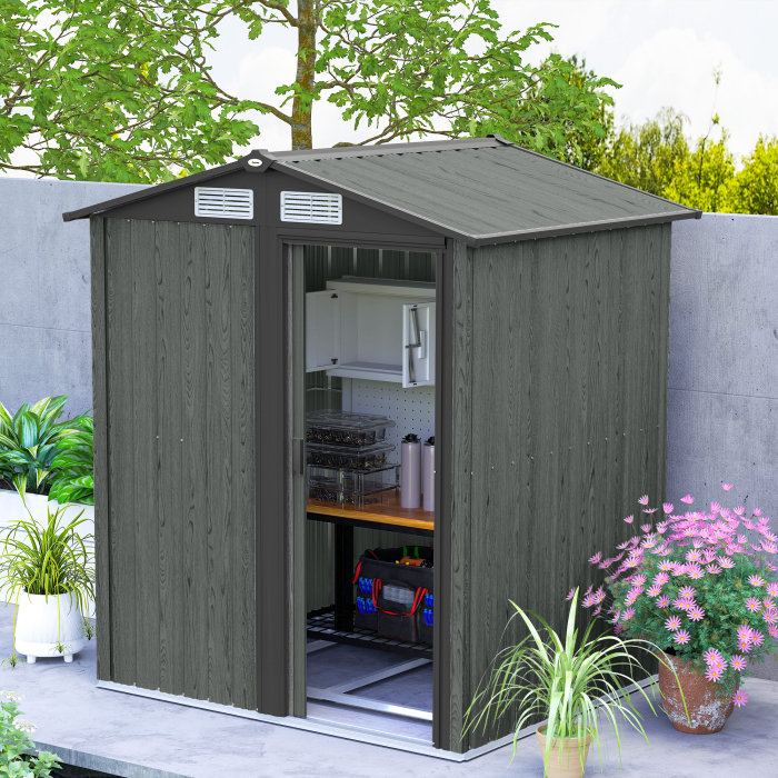  Casuta de Gradina pentru Unelte din Otel cu Acoperis inclinat si 4 Ferestre de Ventilatie, 152x132x188 cm, Gri [9]